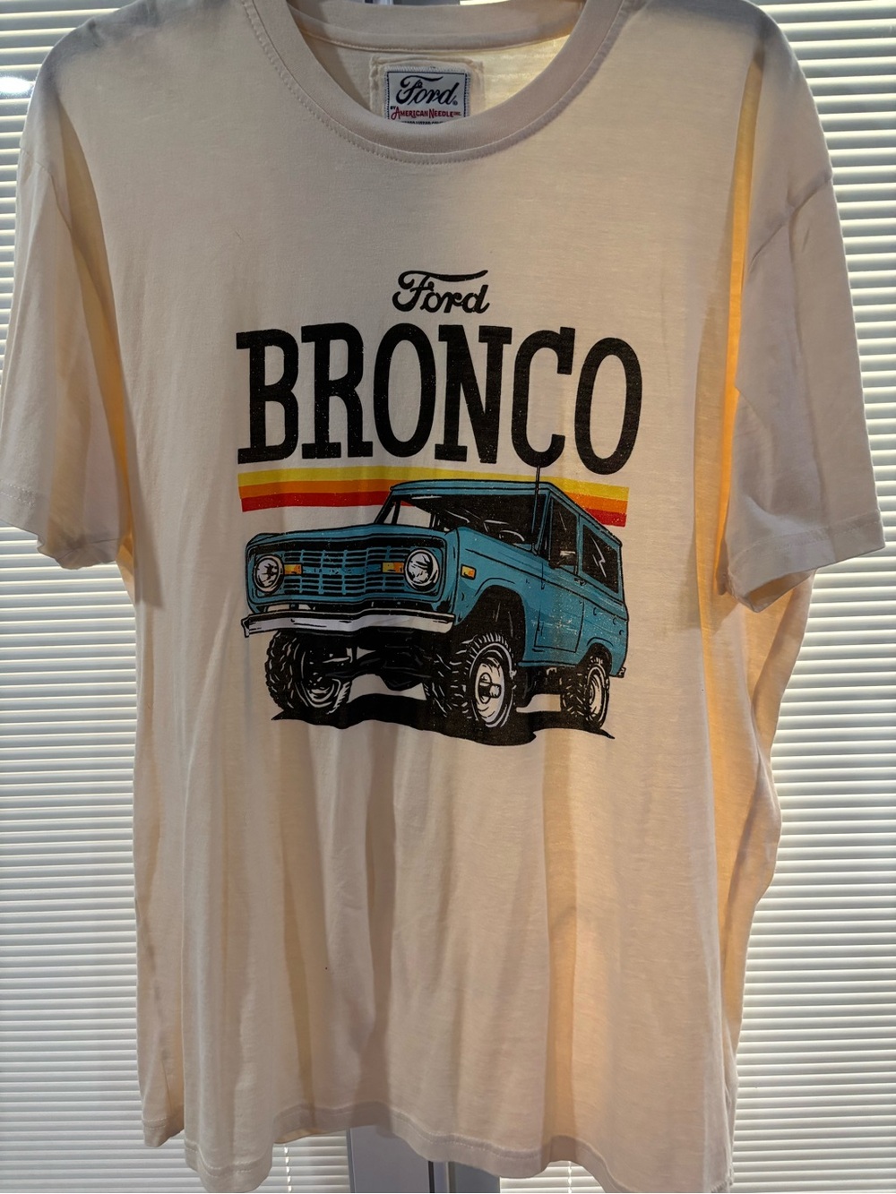 Ford Bronco Tee - Cream with Blue Truck and Retro Stripes